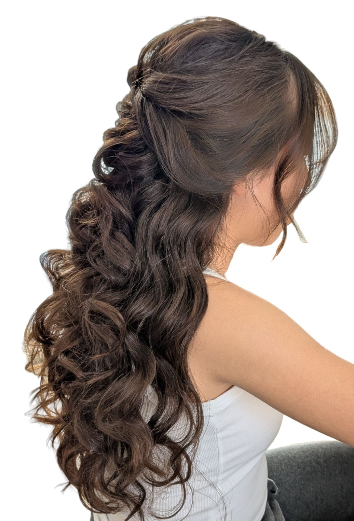 Long brunette half-up hairstyle with flowing curls by Hair By Sess