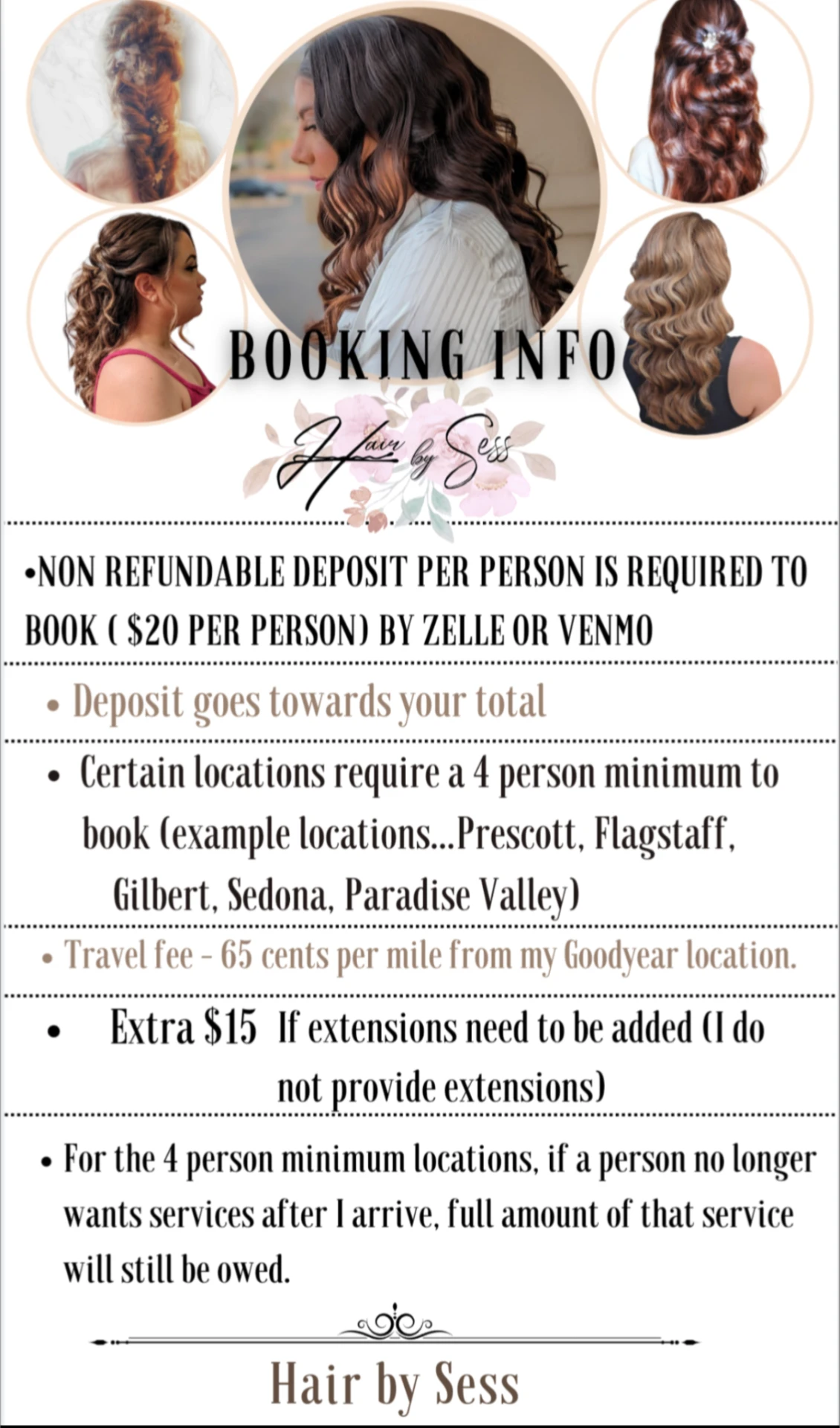 Hair By Sess booking info flyer with deposit, travel fee and minimum booking details