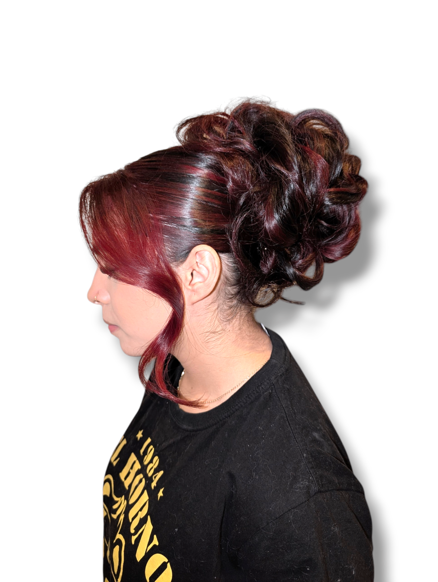Sculpted auburn curled updo with sweeping side fringe by Hair By Sess