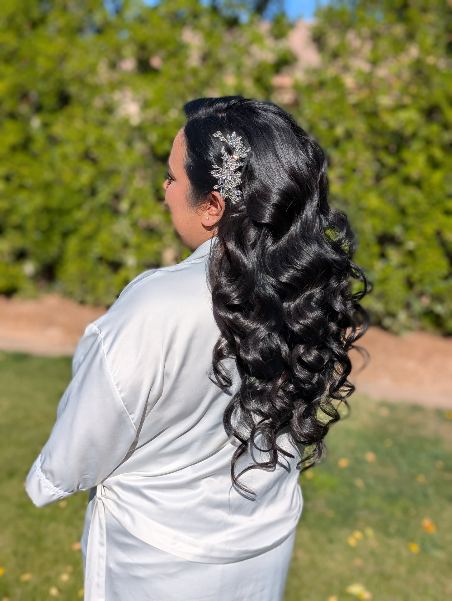 Bridal half-up glam waves with crystal hair comb by Hair By Sess