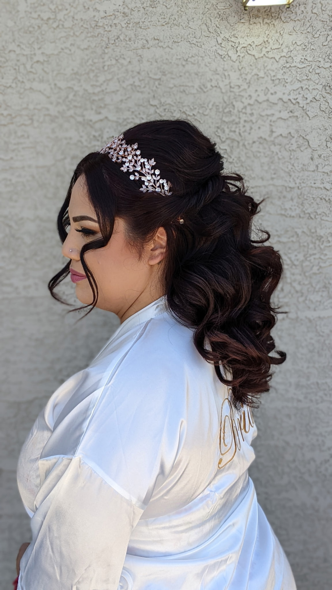 Bridal half-up updo with crystal hair vine by Hair By Sess