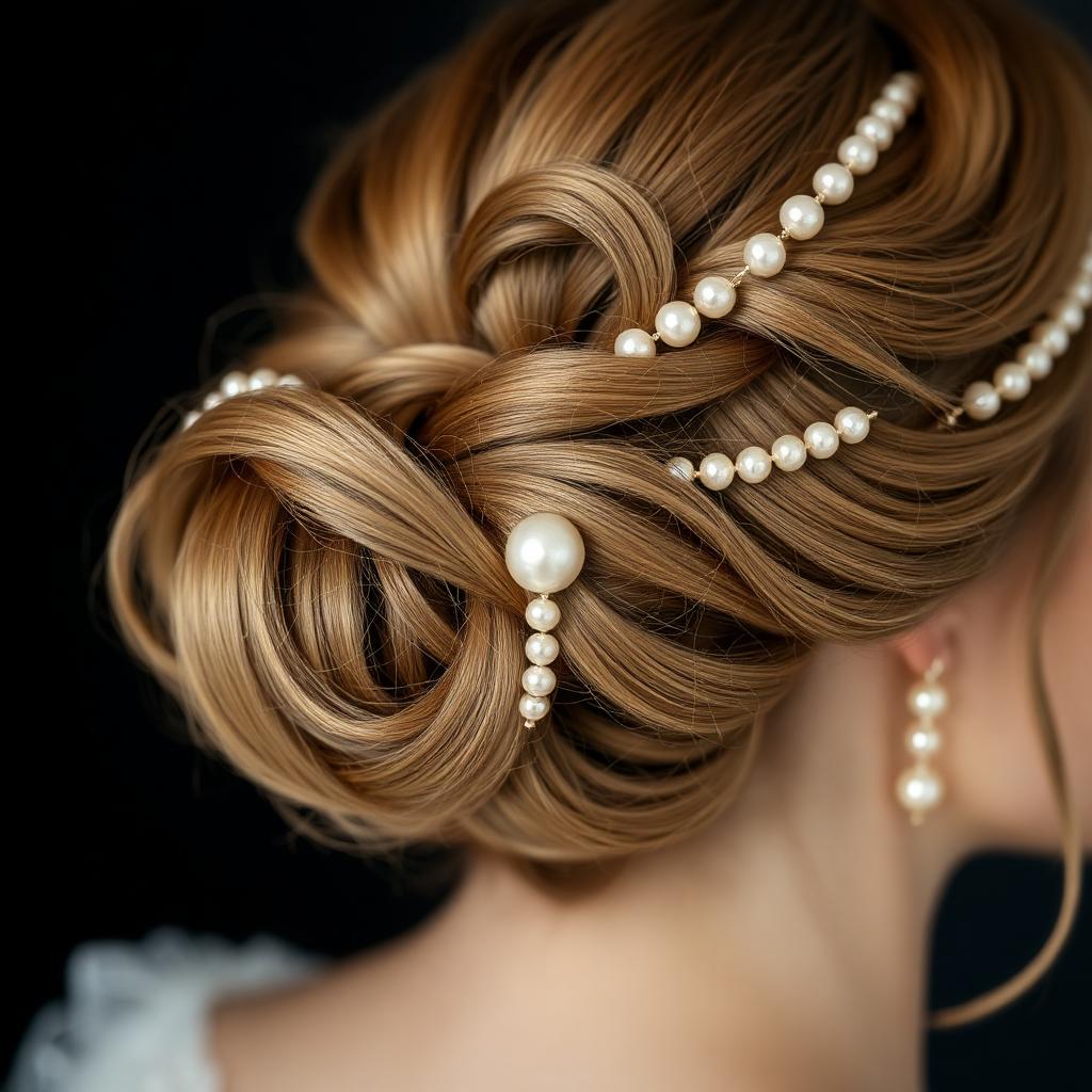 Close-up detail of intricate bridal hairstyle