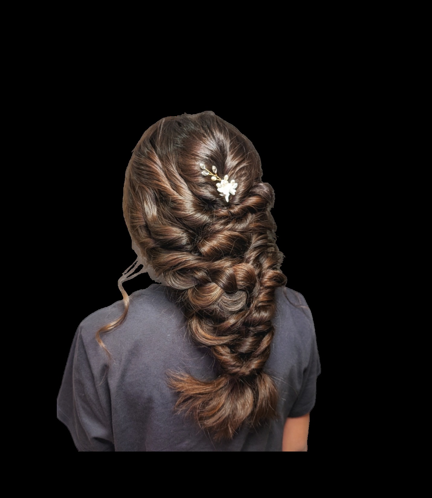 Twisted fishtail braid with pearl hair pin by Hair By Sess